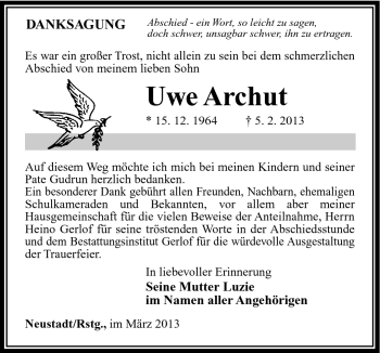 Traueranzeige von Uwe Archut von Südthüringer Presse