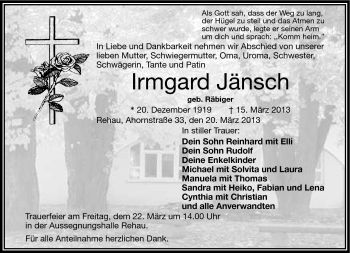 Traueranzeige von Irmgard Jänsch von Frankenpost
