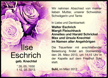 Traueranzeige von Ilse Eschrich von Südthüringer Presse