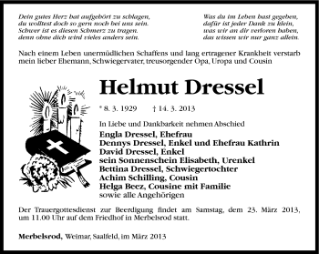 Traueranzeige von Helmut Dressel von Südthüringer Presse