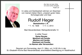 Traueranzeige von Rudolf Heger von Frankenpost