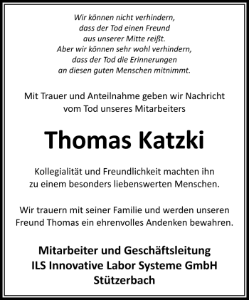 Traueranzeige von Thomas Katzki von Südthüringer Presse
