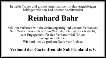 Traueranzeige von Reinhard Bahr von Südthüringer Presse
