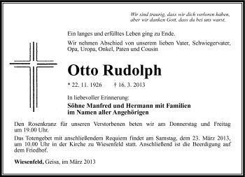 Traueranzeige von Otto Rudolph von Südthüringer Presse