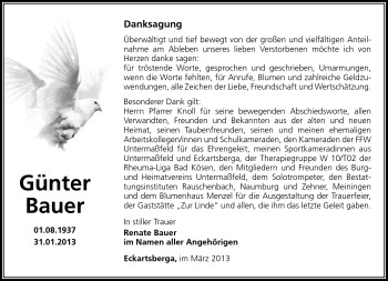 Traueranzeige von Günter Bauer von Südthüringer Presse