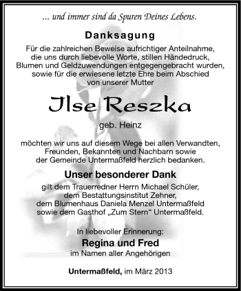 Traueranzeige von Ilse Reszka von Südthüringer Presse