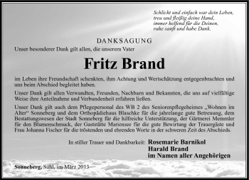 Traueranzeige von Fritz Brand von Südthüringer Presse