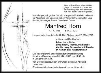 Traueranzeige von Manfred Horn von Frankenpost