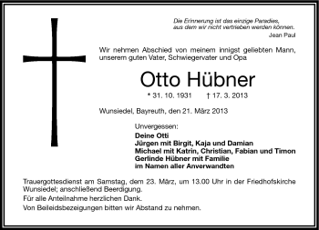 Traueranzeige von Otto Hübner von Frankenpost