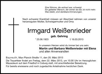 Traueranzeige von Irmgard Weißenrieder von Neue Presse Coburg