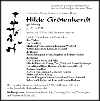 Traueranzeige von Hilde Grötenherdt von Südthüringer Presse
