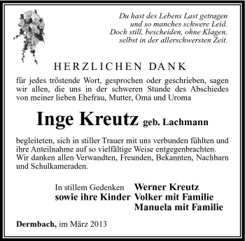 Traueranzeige von Inge Kreutz von Südthüringer Presse