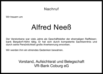 Traueranzeige von Alfred Neeß von Neue Presse Coburg
