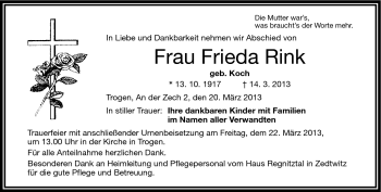 Traueranzeige von Frieda Rink von Frankenpost