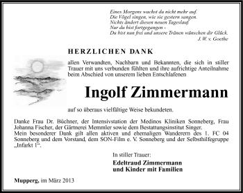Traueranzeige von Ingolf Zimmermann von Südthüringer Presse