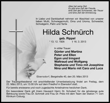 Traueranzeige von Hilda Schnürch von Neue Presse Coburg