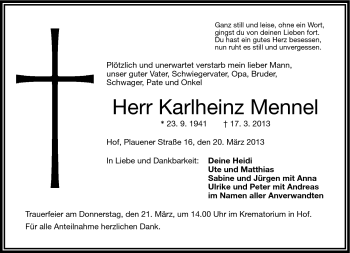 Traueranzeige von Karlheinz Mennel von Frankenpost