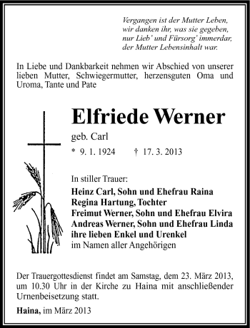 Traueranzeige von Elfriede Werner von Südthüringer Presse