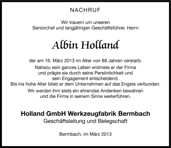 Traueranzeige von Albin Holland von Südthüringer Presse