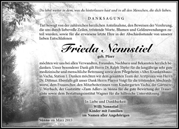 Traueranzeige von Frieda Nennstiel von Südthüringer Presse