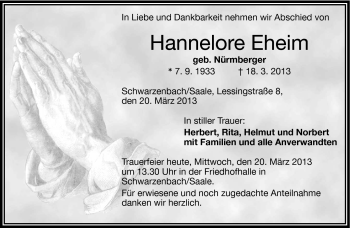 Traueranzeige von Hannelore Eheim von Frankenpost