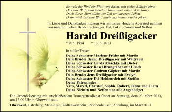 Traueranzeige von Harald Dreißigacker von Südthüringer Presse