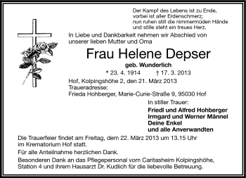 Traueranzeige von Helene Depser von Frankenpost