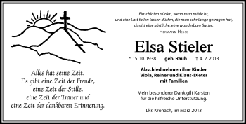 Traueranzeige von Elsa Stieler von Südthüringer Presse