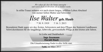 Traueranzeige von Ilse Walter von Südthüringer Presse
