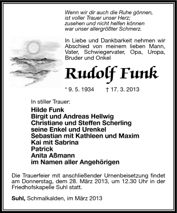 Traueranzeige von Rudolf Funk von Südthüringer Presse
