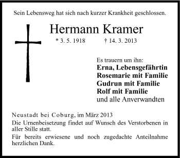 Traueranzeige von Hermann Kramer von Neue Presse Coburg
