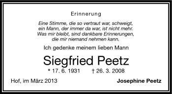 Traueranzeige von Siegfried Peetz von Frankenpost