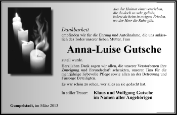 Traueranzeige von Anna-Luise Gutsche von Südthüringer Presse