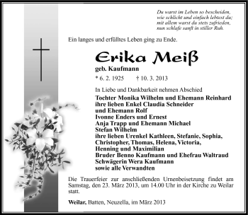 Traueranzeige von Erika Meiß von Südthüringer Presse