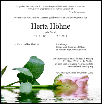 Traueranzeige von Herta Höhne von Frankenpost