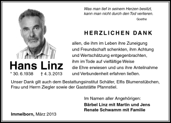 Traueranzeige von Hans Linz von Südthüringer Presse