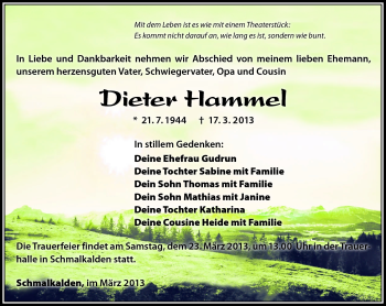 Traueranzeige von Dieter Hammel von Südthüringer Presse