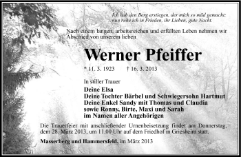 Traueranzeige von Werner Pfeiffer von Südthüringer Presse