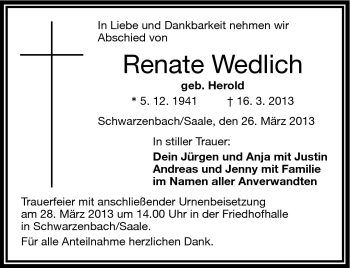 Traueranzeige von Renate Wedlich von Frankenpost