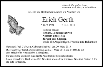 Traueranzeige von Erich Gerth von Neue Presse Coburg