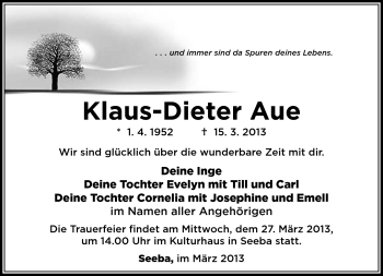 Traueranzeige von Klaus-Dieter Aue von Südthüringer Presse