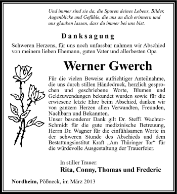 Traueranzeige von Werner Gwerch von Südthüringer Presse