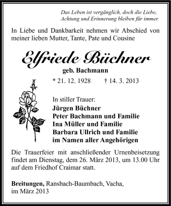Traueranzeige von Elfriede Büchner von Südthüringer Presse