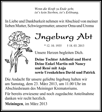 Traueranzeige von Ingeburg Abt von Südthüringer Presse