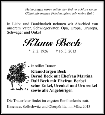 Traueranzeige von Klaus Beck von Südthüringer Presse