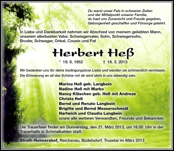 Traueranzeige von Herbert Heß von Südthüringer Presse