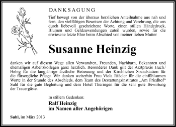 Traueranzeige von Susanne Heinzig von Südthüringer Presse