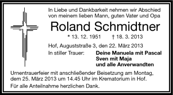Traueranzeige von Roland Schmidtner von Frankenpost