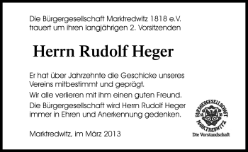 Traueranzeige von Rudolf Heger von Frankenpost