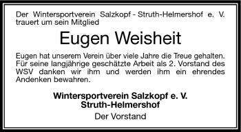 Traueranzeige von Eugen Weisheit von Südthüringer Presse